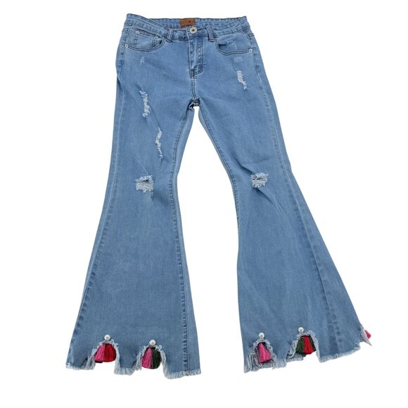POL Denim - POL Flared Blue Denim Jeans With Frayed Hem & Tassels, Size S